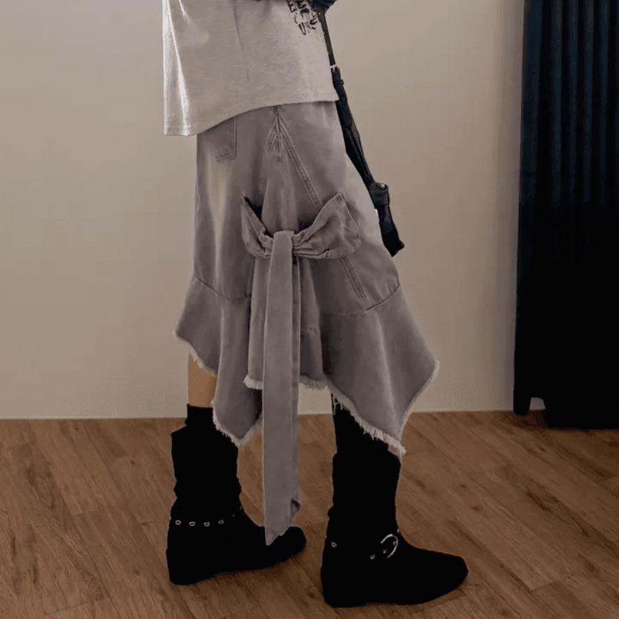 마 오래된 워싱 다용도 측면 나비 매듭 표지 넓적 다리 거친 가장자리 반신 데님 스커트 상세 이미지 17