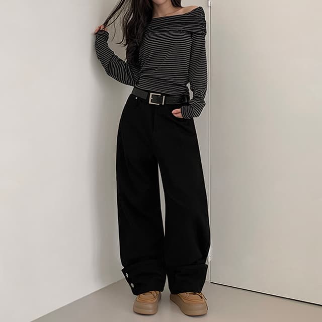 주머니 자수 밑단 볼륨 측면 단추 캐주얼 청바지 상세 이미지 2