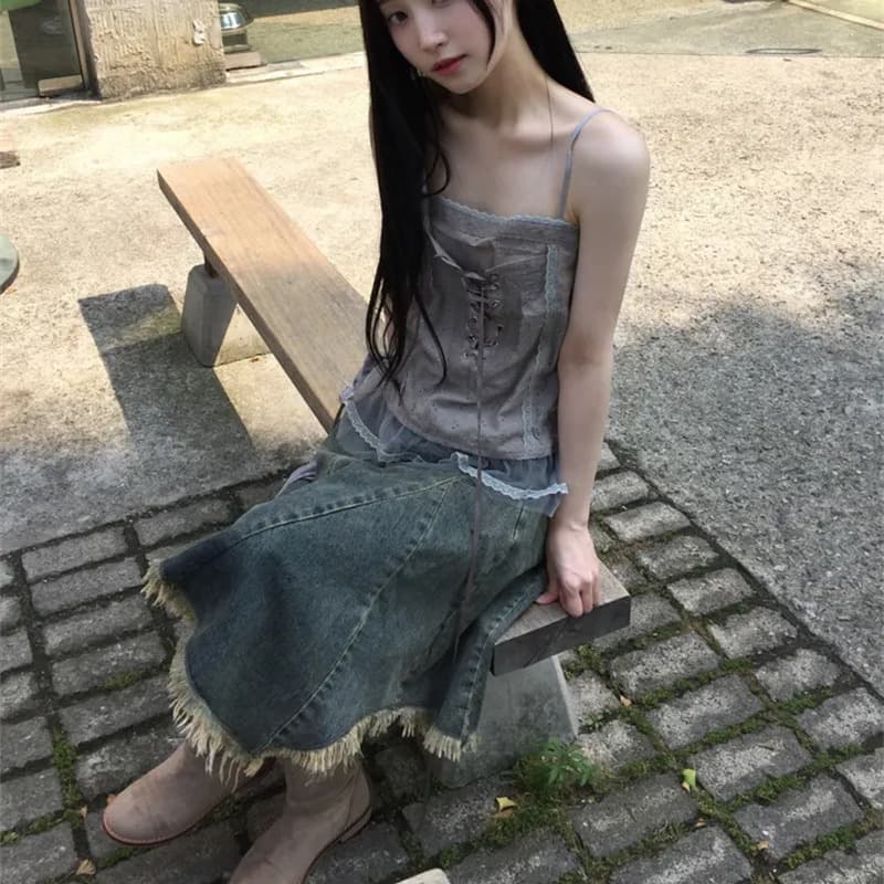 지금 작은 대중 디자인 센스 불규칙 밑단 데님 반신 스커트 이미지 5
