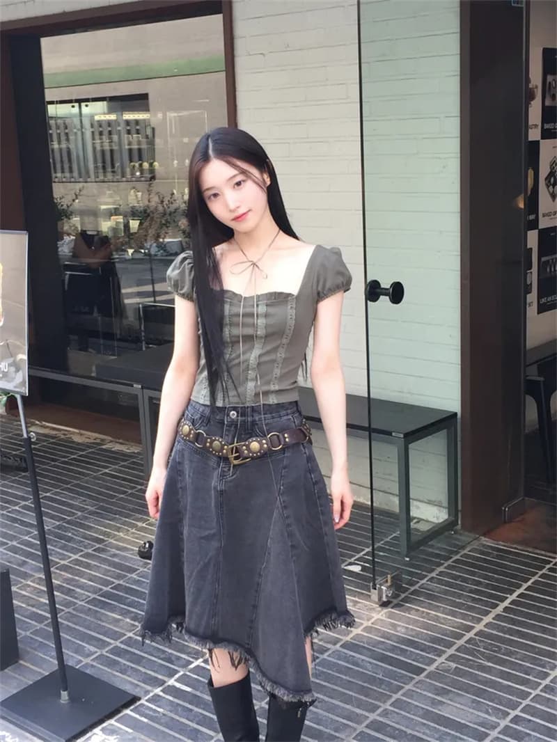 지금 작은 대중 디자인 센스 불규칙 밑단 데님 반신 스커트 상세 이미지 3