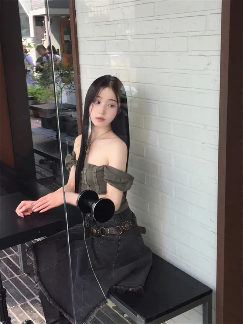 지금 작은 대중 디자인 센스 불규칙 밑단 데님 반신 스커트 상세 이미지 6