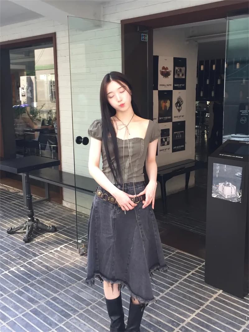 지금 작은 대중 디자인 센스 불규칙 밑단 데님 반신 스커트 상세 이미지 12