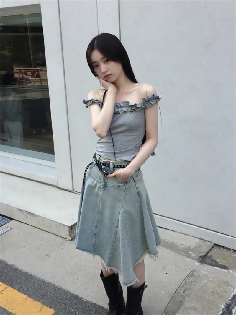 지금 작은 대중 디자인 센스 불규칙 밑단 데님 반신 스커트 상세 이미지 17