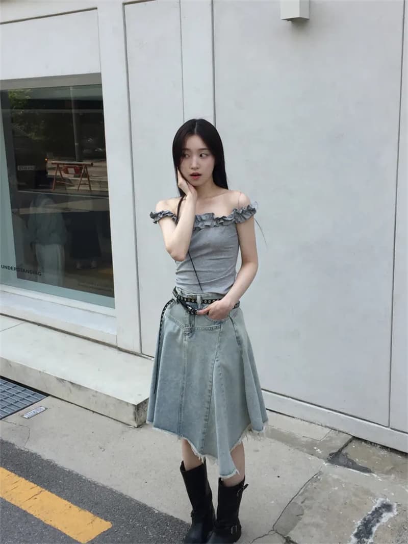 지금 작은 대중 디자인 센스 불규칙 밑단 데님 반신 스커트 상세 이미지 18