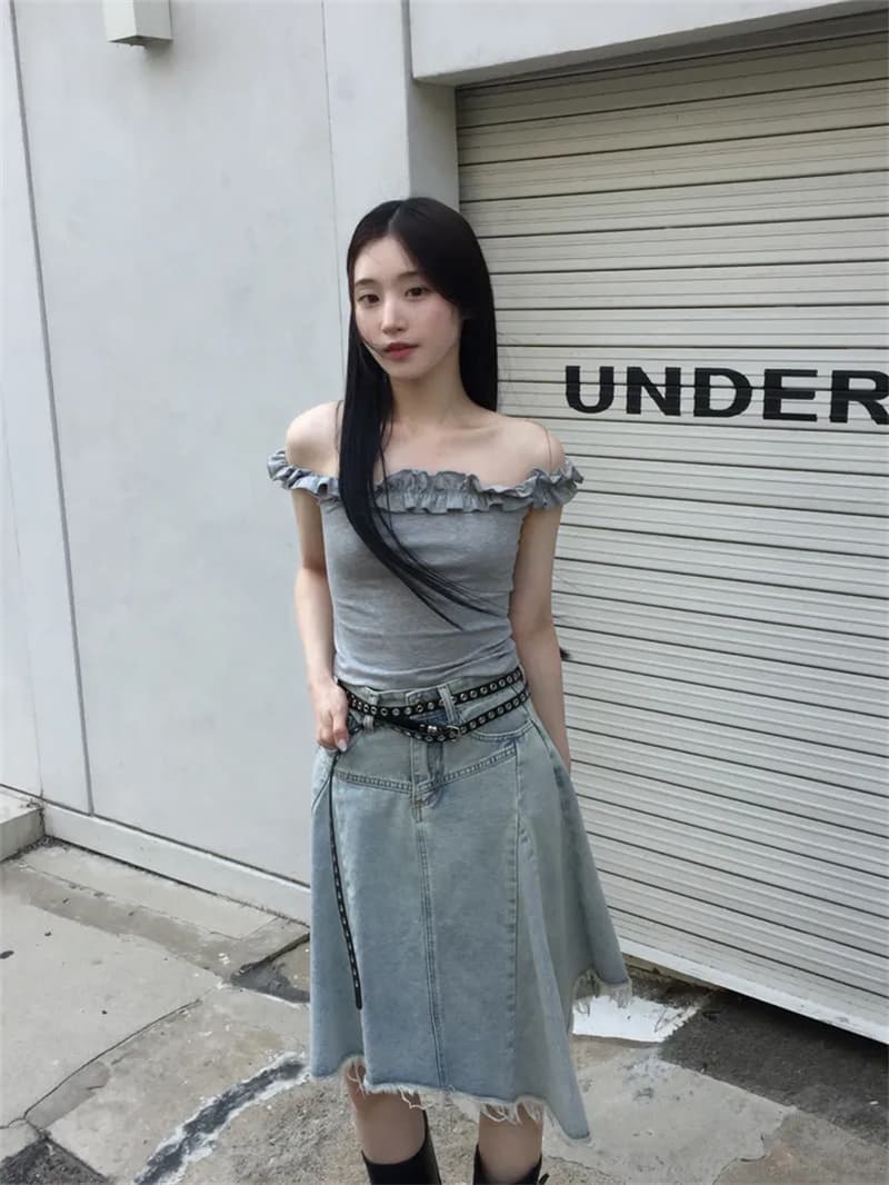 지금 작은 대중 디자인 센스 불규칙 밑단 데님 반신 스커트 상세 이미지 21