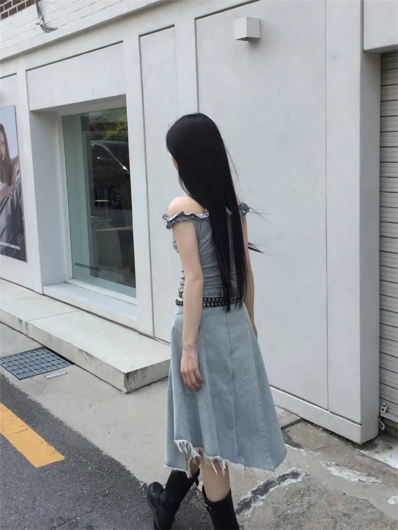 지금 작은 대중 디자인 센스 불규칙 밑단 데님 반신 스커트 상세 이미지 22