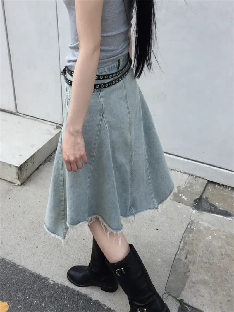 지금 작은 대중 디자인 센스 불규칙 밑단 데님 반신 스커트 상세 이미지 23