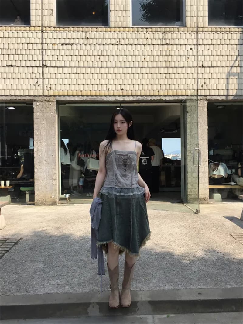 지금 작은 대중 디자인 센스 불규칙 밑단 데님 반신 스커트 상세 이미지 25