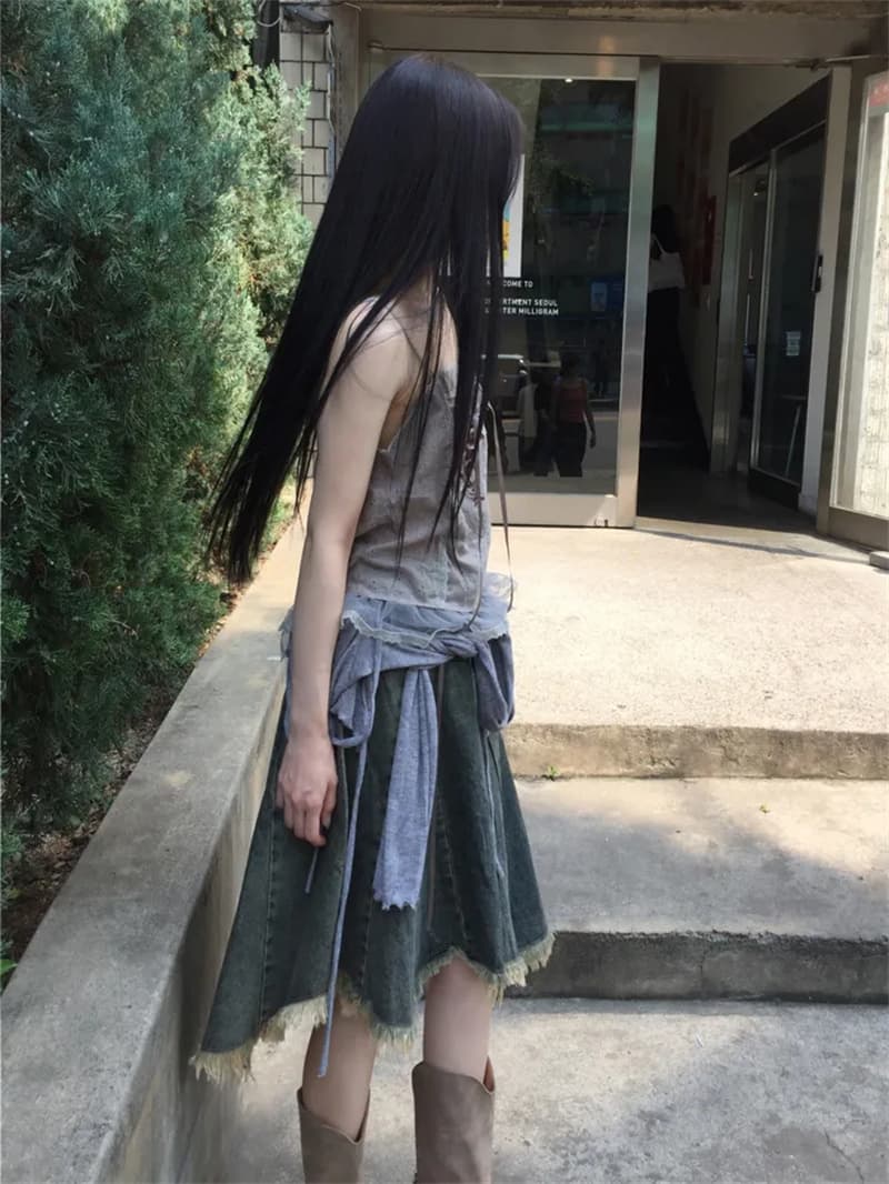 지금 작은 대중 디자인 센스 불규칙 밑단 데님 반신 스커트 상세 이미지 26