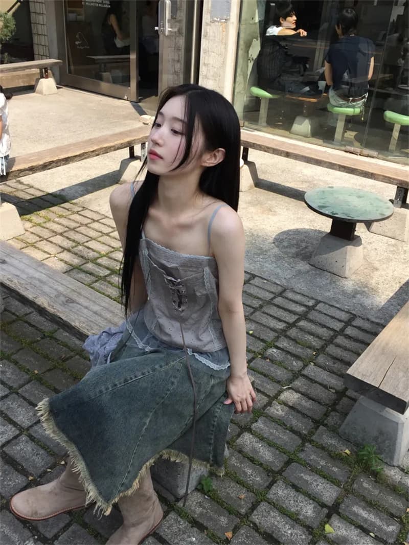 지금 작은 대중 디자인 센스 불규칙 밑단 데님 반신 스커트 상세 이미지 32