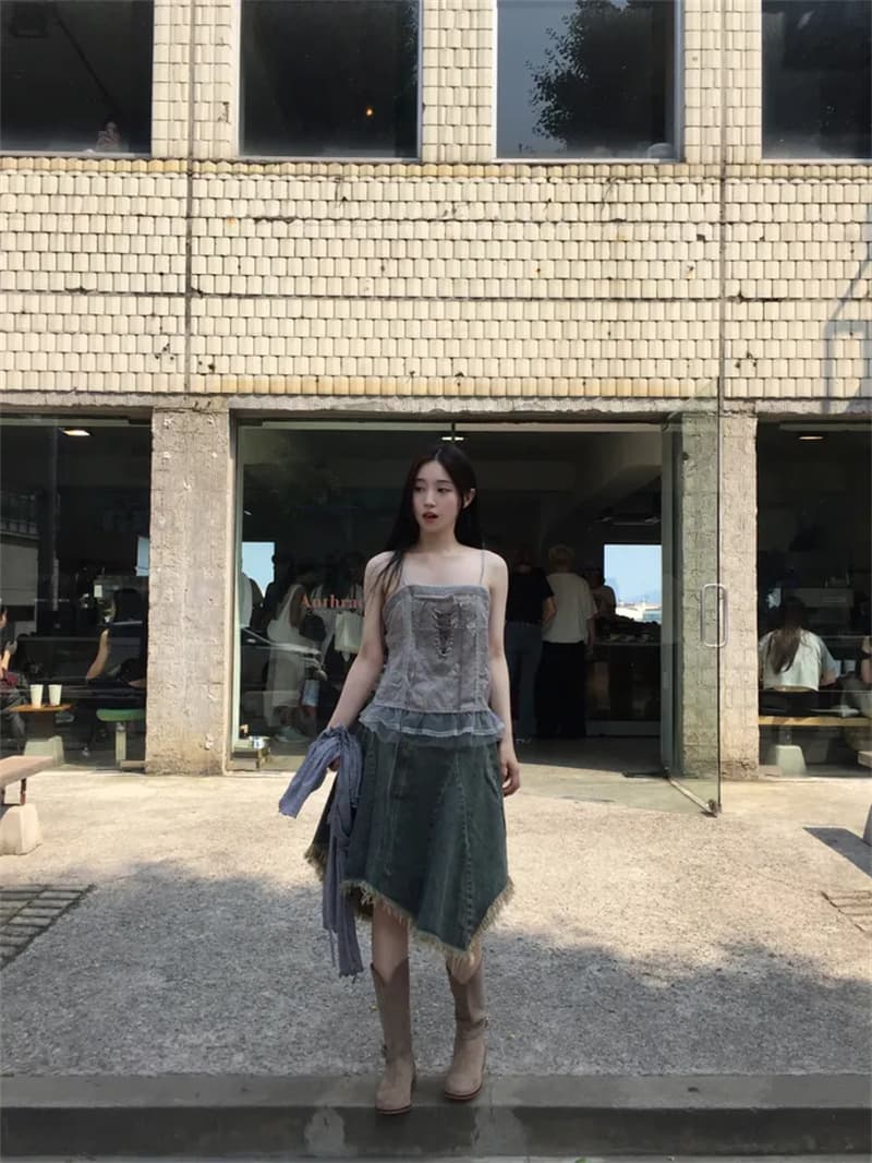 지금 작은 대중 디자인 센스 불규칙 밑단 데님 반신 스커트 상세 이미지 33
