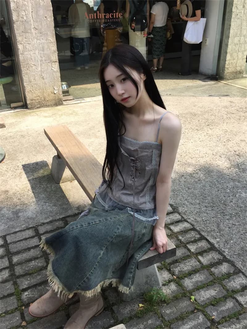 지금 작은 대중 디자인 센스 불규칙 밑단 데님 반신 스커트 상세 이미지 34
