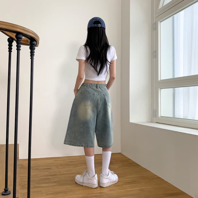 4 가지 색상 지금 insta 바람 버뮤다 레트로 워싱 넓은 다리 청바지 허리 수 있습니다. 조정 5 점 청바지 상세 이미지 23
