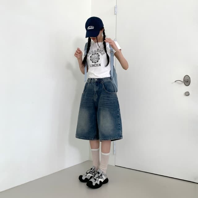 4 가지 색상 지금 insta 바람 버뮤다 레트로 워싱 넓은 다리 청바지 허리 수 있습니다. 조정 5 점 청바지 상세 이미지 28