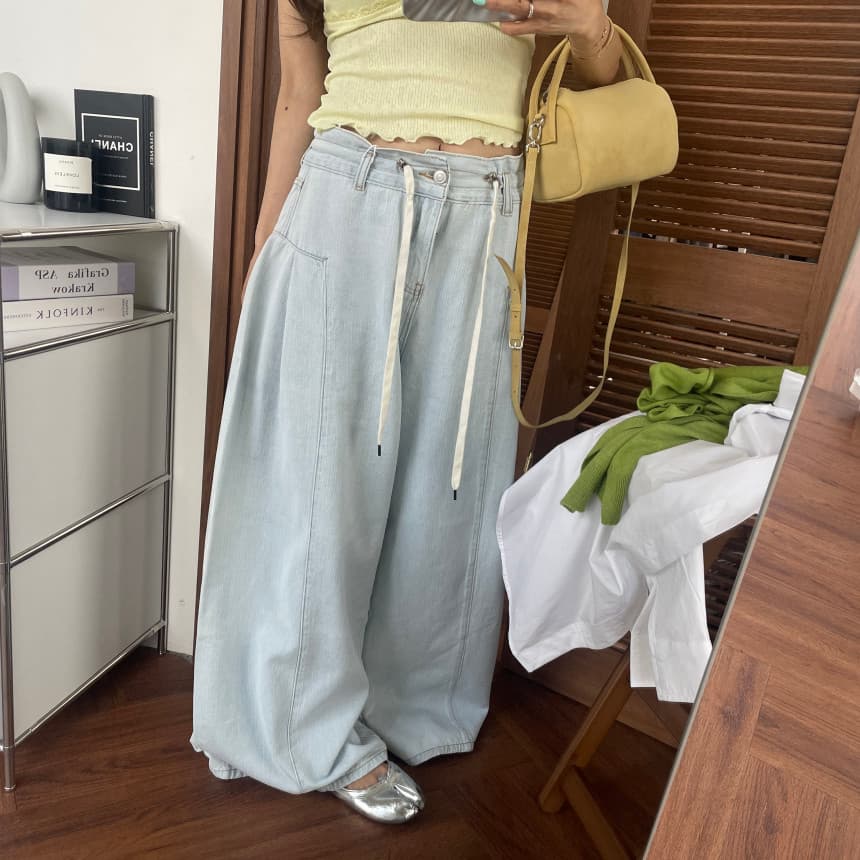 끈 양면 주름 넓은 다리 청바지 상세 이미지 27