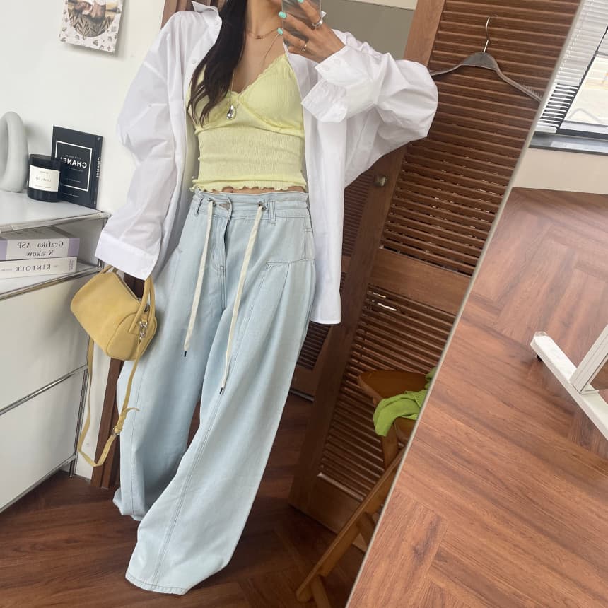 끈 양면 주름 넓은 다리 청바지 상세 이미지 32