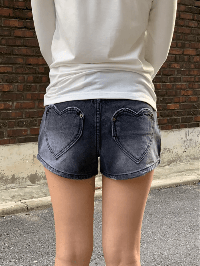 레트로 연삭 화이트 하트 주머니 몸매 가꾸기 데님 반바지 상세 이미지 6