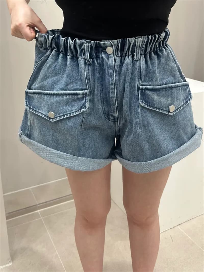 허리밴드 주머니 루즈핏 넓은 다리 데님 반바지 이미지 3