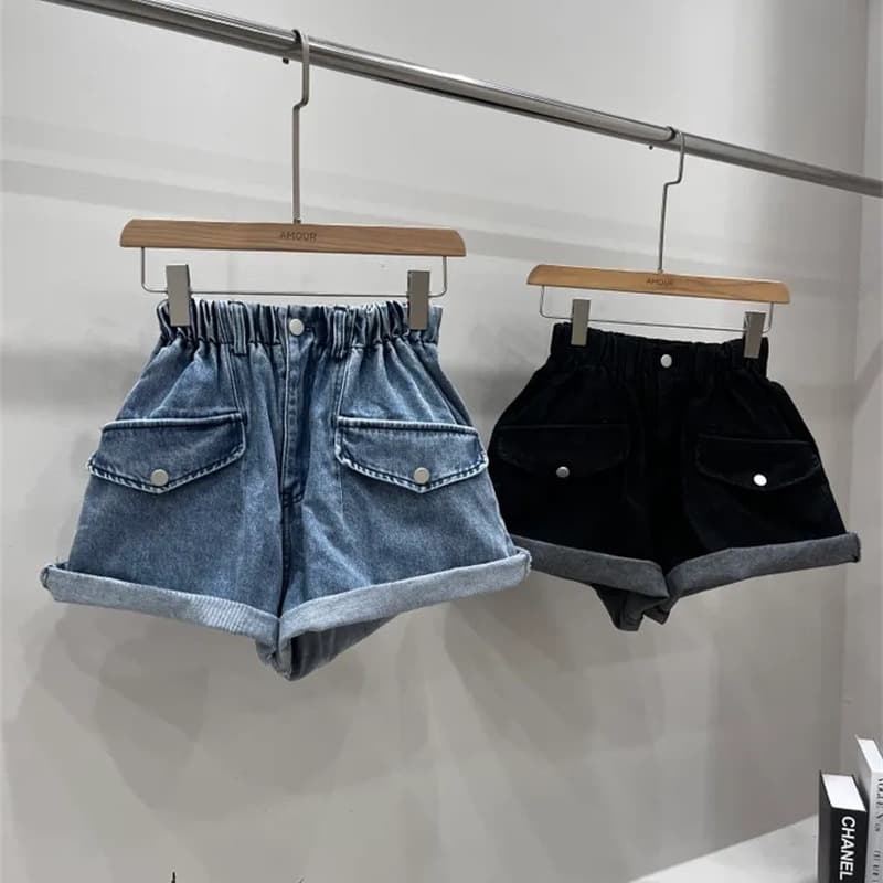 허리밴드 주머니 루즈핏 넓은 다리 데님 반바지 이미지 5