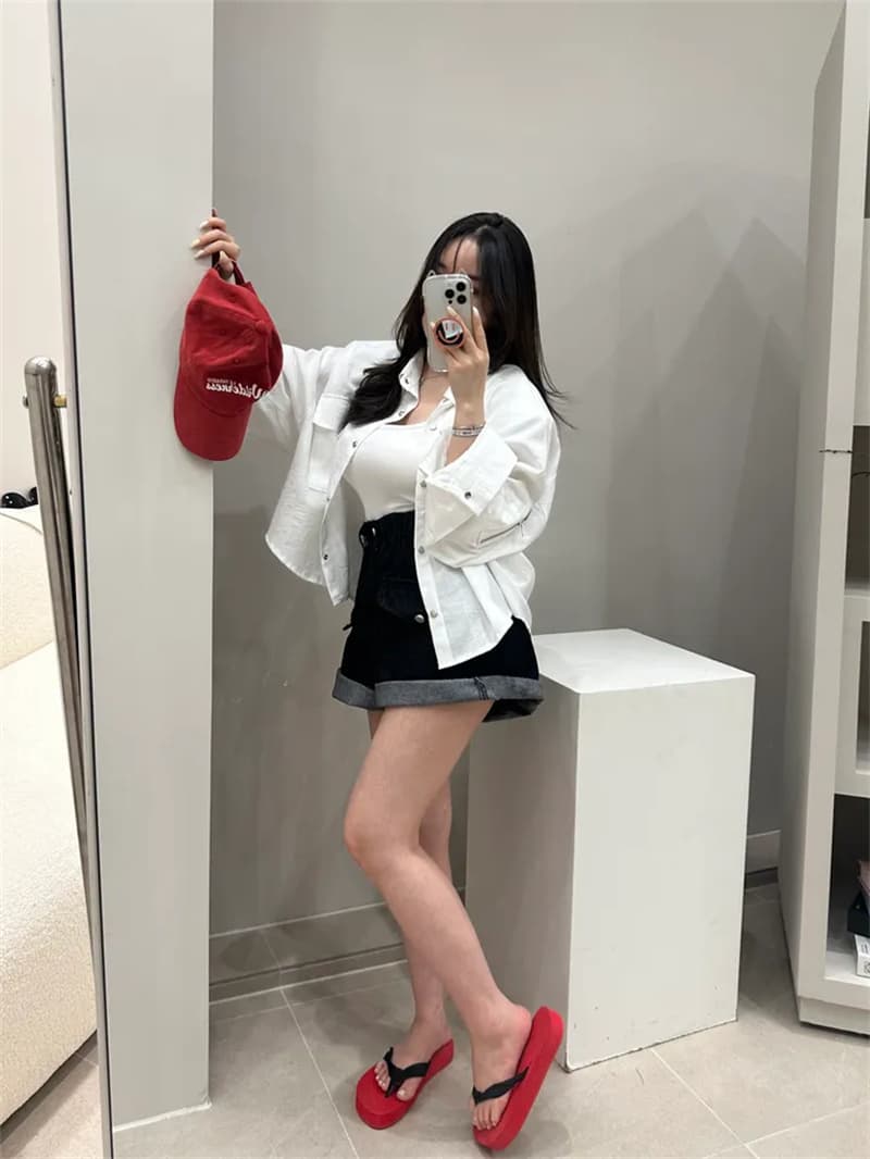허리밴드 주머니 루즈핏 넓은 다리 데님 반바지 상세 이미지 4