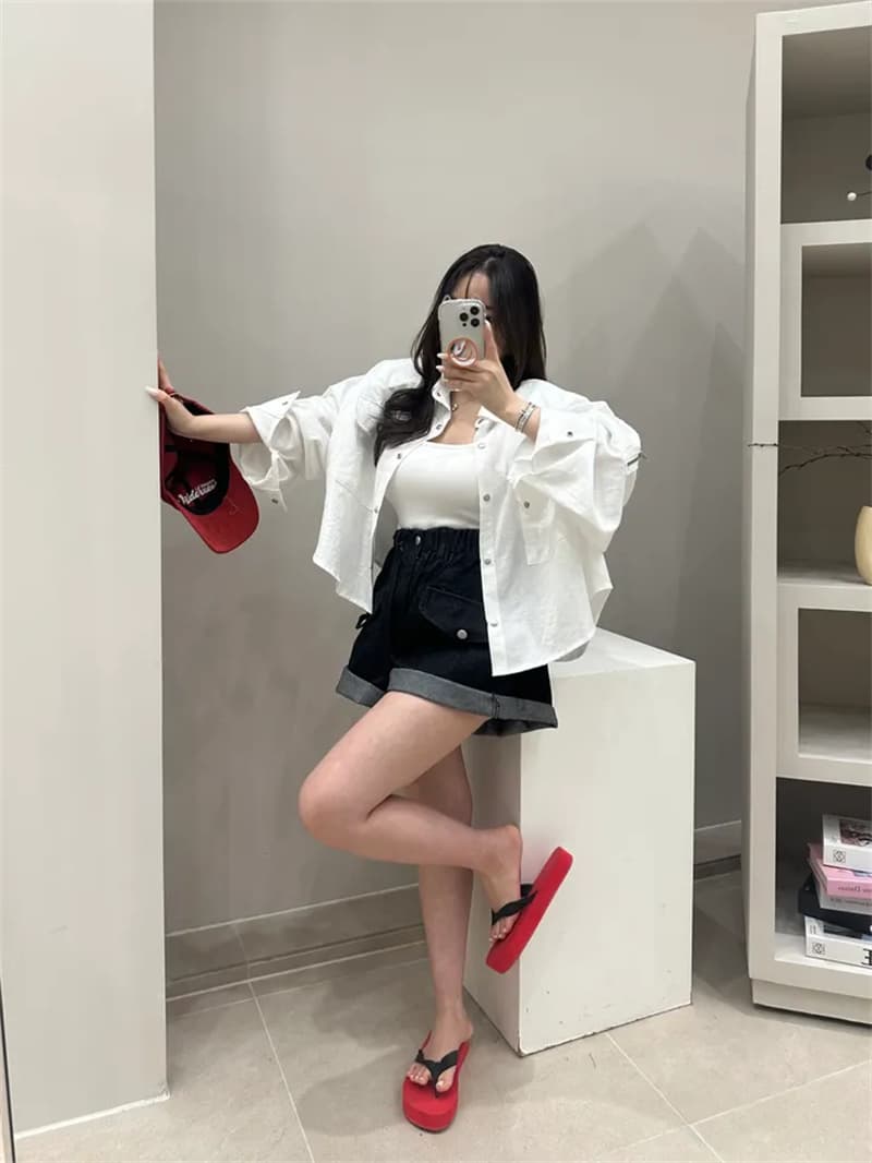 허리밴드 주머니 루즈핏 넓은 다리 데님 반바지 상세 이미지 8