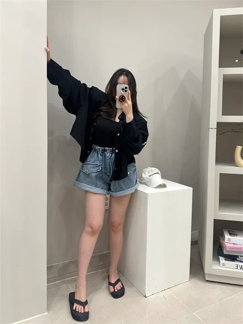 허리밴드 주머니 루즈핏 넓은 다리 데님 반바지 상세 이미지 15