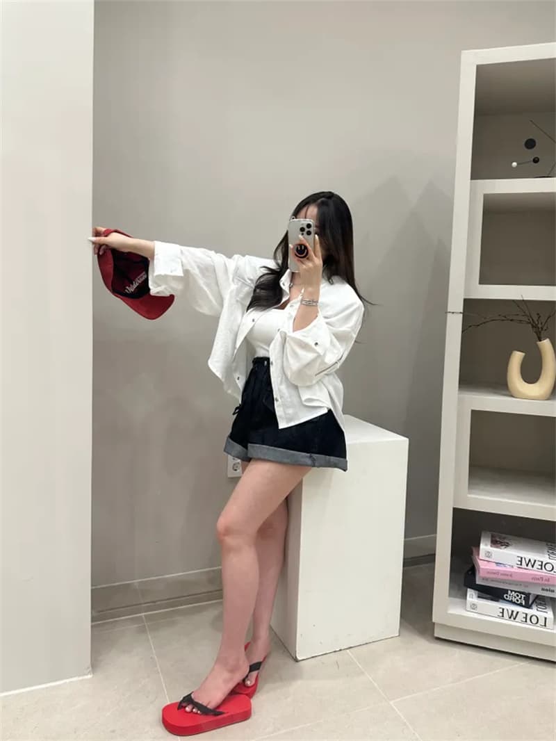 허리밴드 주머니 루즈핏 넓은 다리 데님 반바지 상세 이미지 27