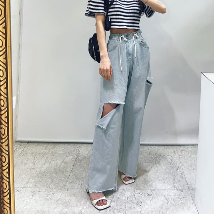 지금 자르기 장점 찢어진 부분 허리 캐주얼 바지 얇은 스타일 원단 청바지 이미지 5