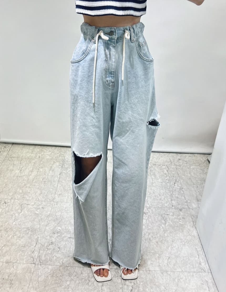 지금 자르기 장점 찢어진 부분 허리 캐주얼 바지 얇은 스타일 원단 청바지 이미지 3