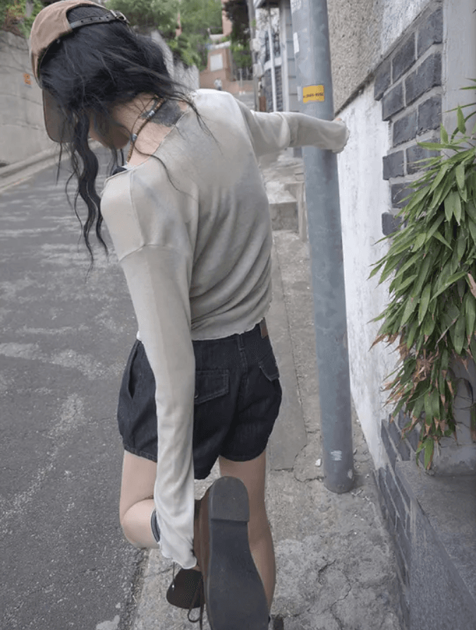 유형 깊은 시안 호박 그라운드 건강 데님 반바지 상세 이미지 3