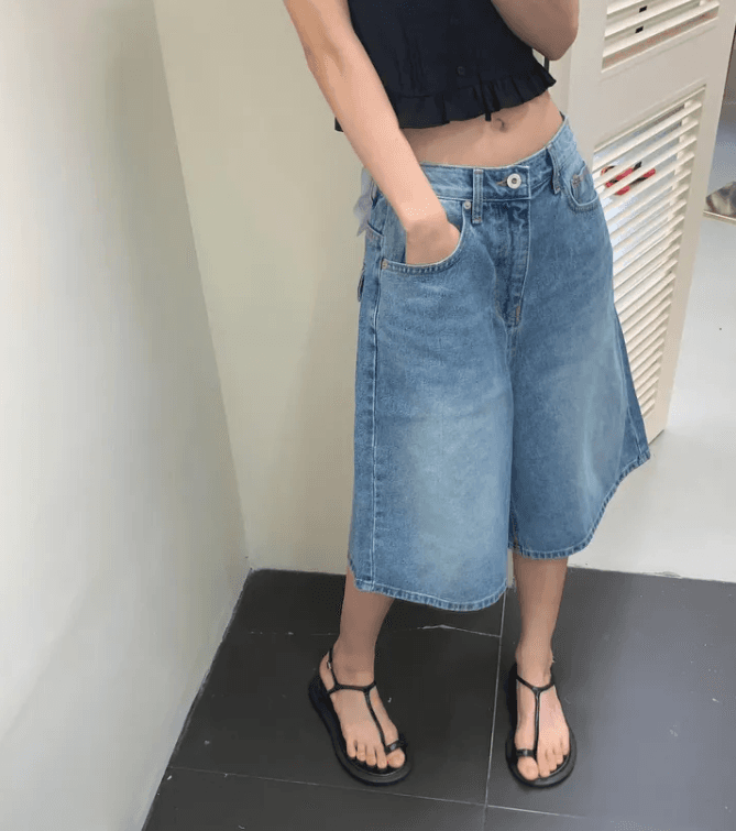 여름 소금 부서 다용도 넓은 다리 슬림해 보이는 오부 바지 트렌드 데님 바지 이미지 3