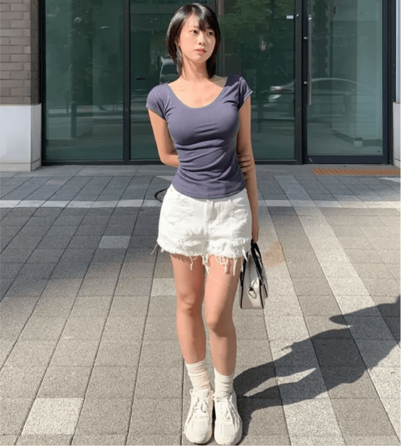 이중층 거친 가장자리 찢어진 부분 데님 반바지 상세 이미지 1