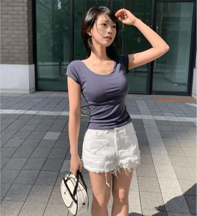 이중층 거친 가장자리 찢어진 부분 데님 반바지 상세 이미지 3