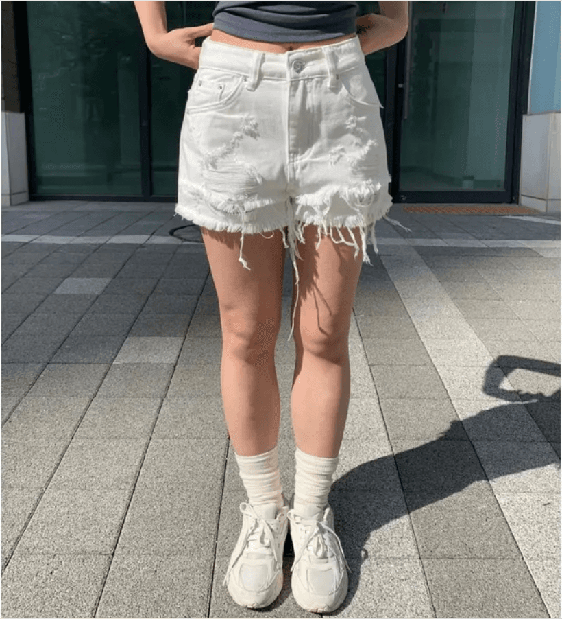 이중층 거친 가장자리 찢어진 부분 데님 반바지 상세 이미지 4