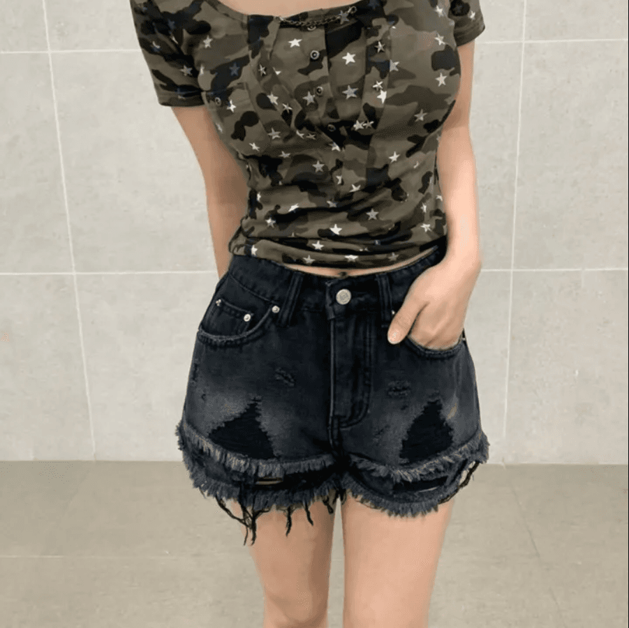 이중층 거친 가장자리 찢어진 부분 데님 반바지 상세 이미지 12