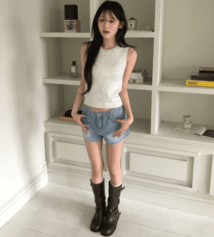 몸매 가꾸기 레트로 연삭 화이트 데님 반바지 상세 이미지 4