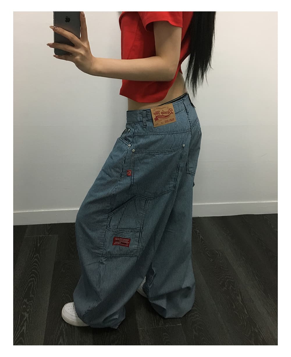 지금 블루 세로 줄무늬 측면 가방 디자인 다용도 개성 워크웨어 청바지 긴 바지 상세 이미지 1
