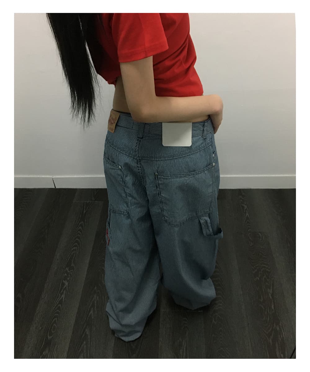 지금 블루 세로 줄무늬 측면 가방 디자인 다용도 개성 워크웨어 청바지 긴 바지 상세 이미지 2