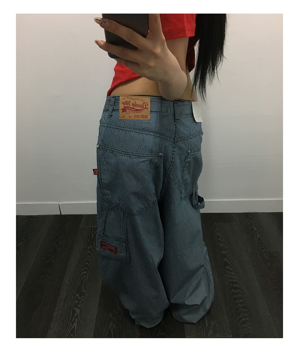 지금 블루 세로 줄무늬 측면 가방 디자인 다용도 개성 워크웨어 청바지 긴 바지 상세 이미지 3