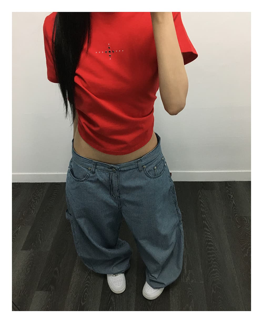지금 블루 세로 줄무늬 측면 가방 디자인 다용도 개성 워크웨어 청바지 긴 바지 상세 이미지 5