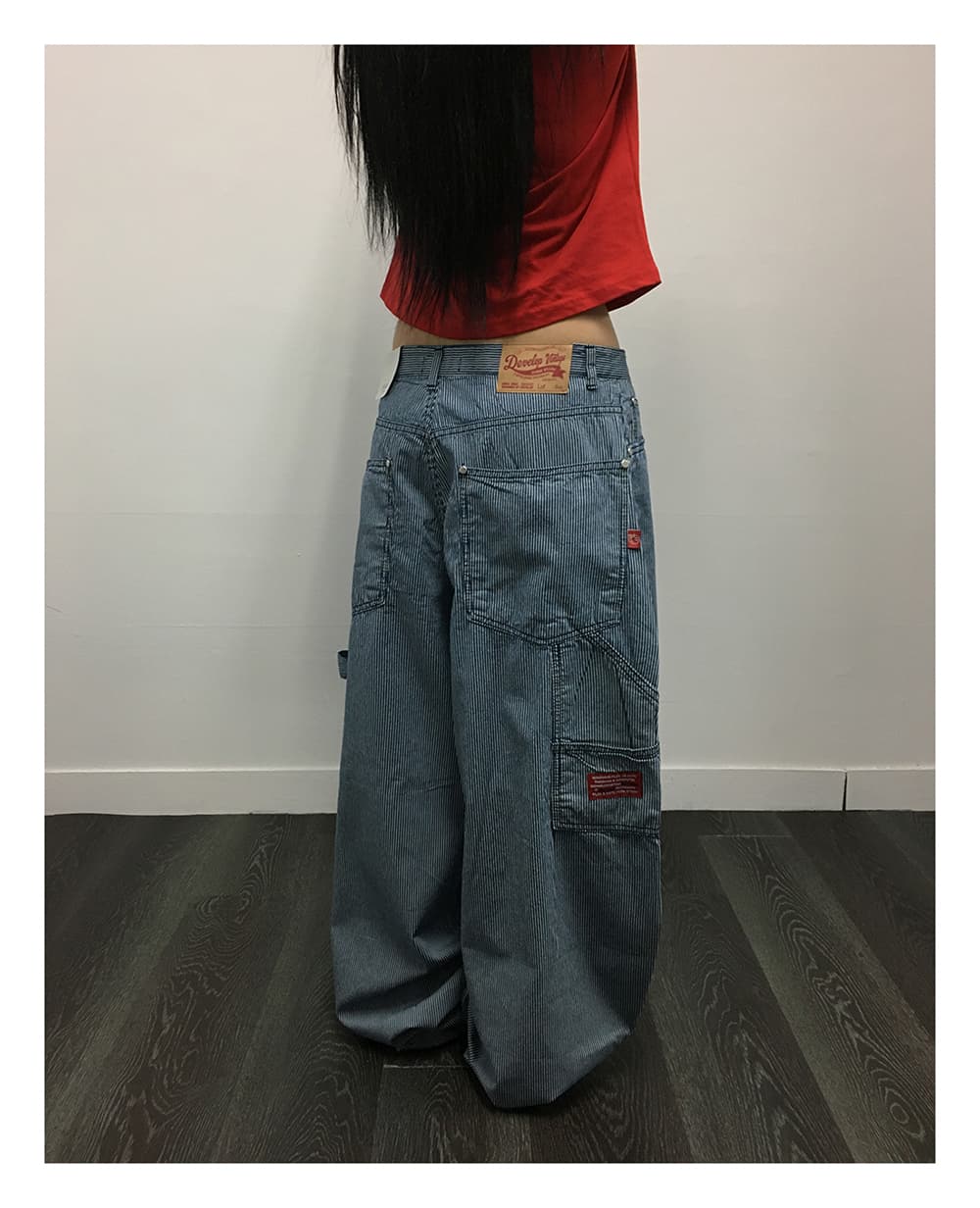 지금 블루 세로 줄무늬 측면 가방 디자인 다용도 개성 워크웨어 청바지 긴 바지 상세 이미지 11