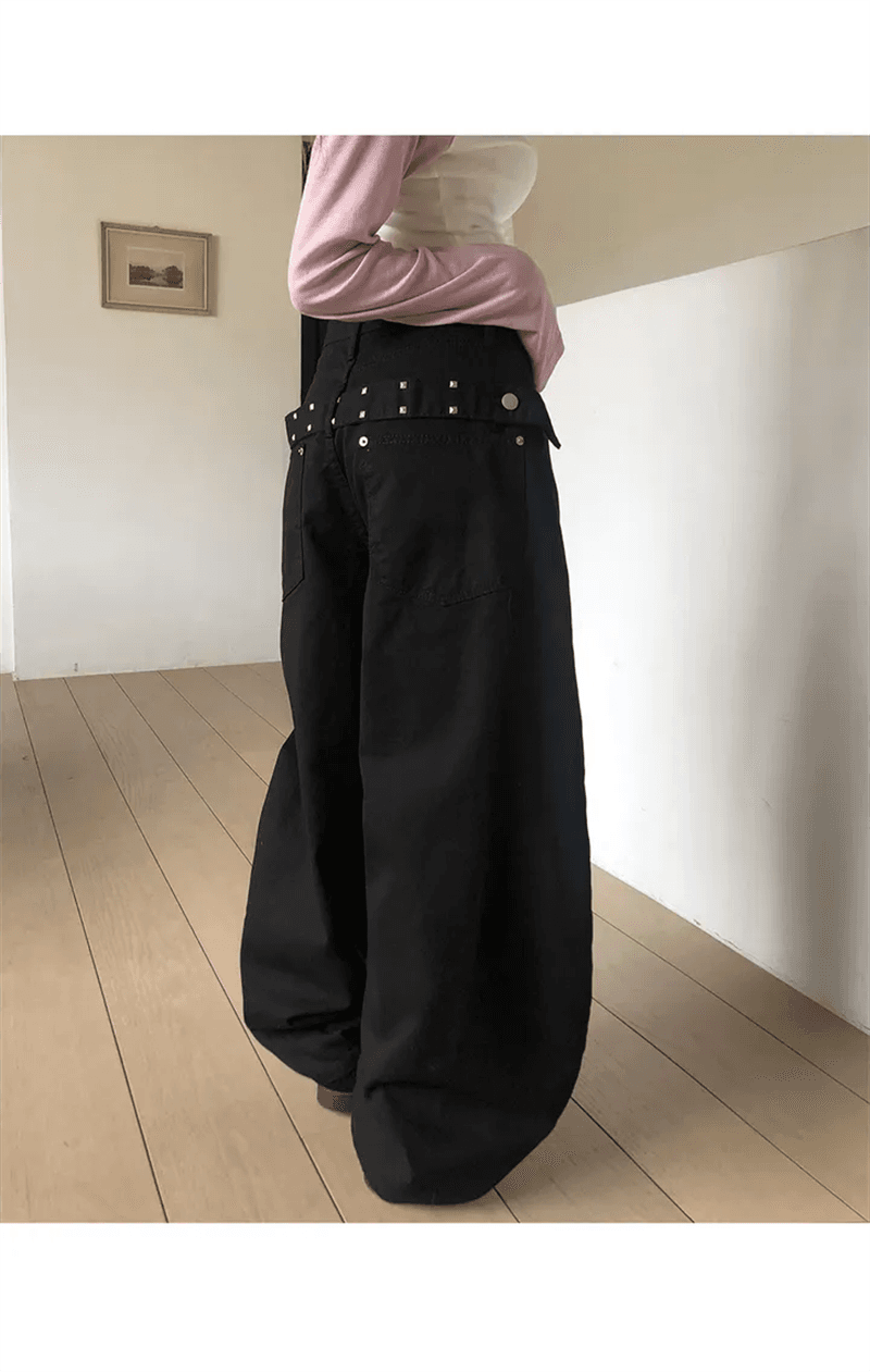 지금 레트로 stud 징 뒤에 벨트 디자인 넓은 다리 루즈핏 청바지 상세 이미지 15