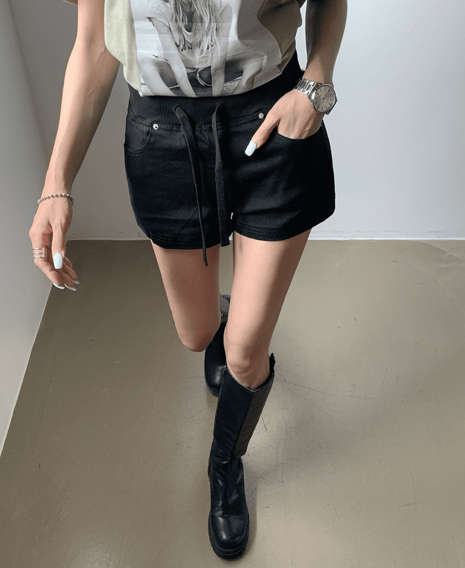 지금 인터넷 화이트 색상 일치 상쾌 필터 스트레이트 패치워크 레이스업 데님 반바지 이미지 2