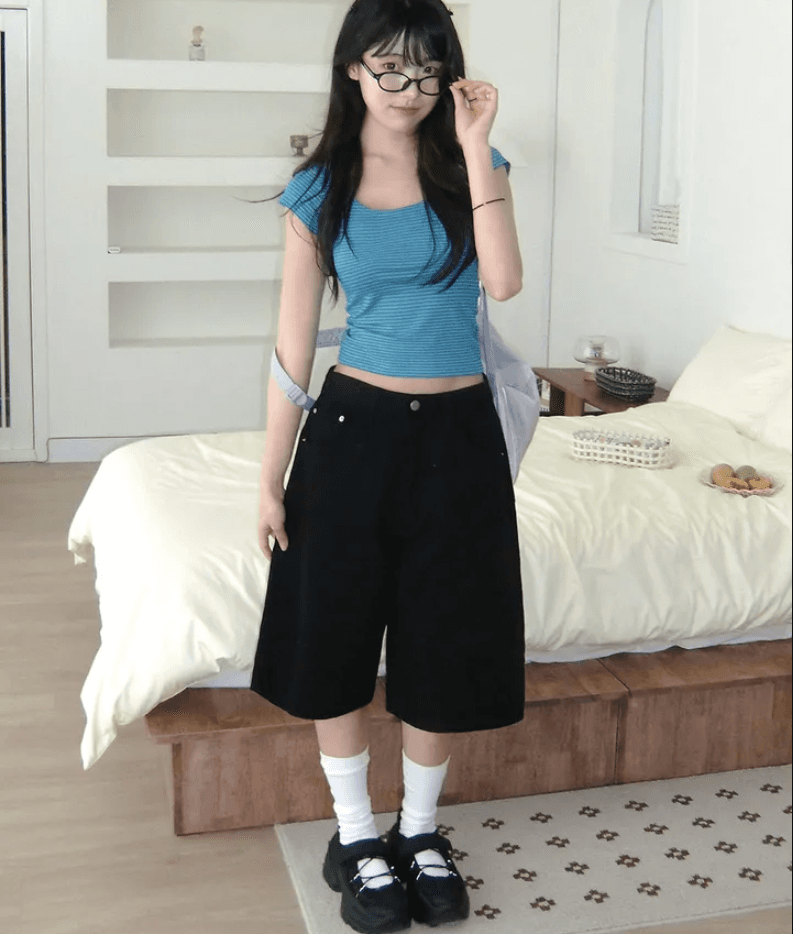 지금 레오파드 무늬 십자가 뜨거운 벽돌 캐주얼 5 점 넓은 다리 데님 반바지 상세 이미지 15