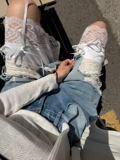 웨이 바지 허리 머리 바지 측면 레이스 조각 찢어진 부분 데님 바지 반바지 상세 이미지 1