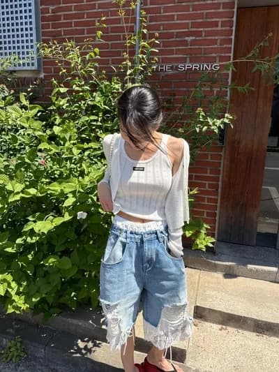 웨이 바지 허리 머리 바지 측면 레이스 조각 찢어진 부분 데님 바지 반바지 상세 이미지 3