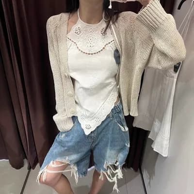 웨이 바지 허리 머리 바지 측면 레이스 조각 찢어진 부분 데님 바지 반바지 상세 이미지 8