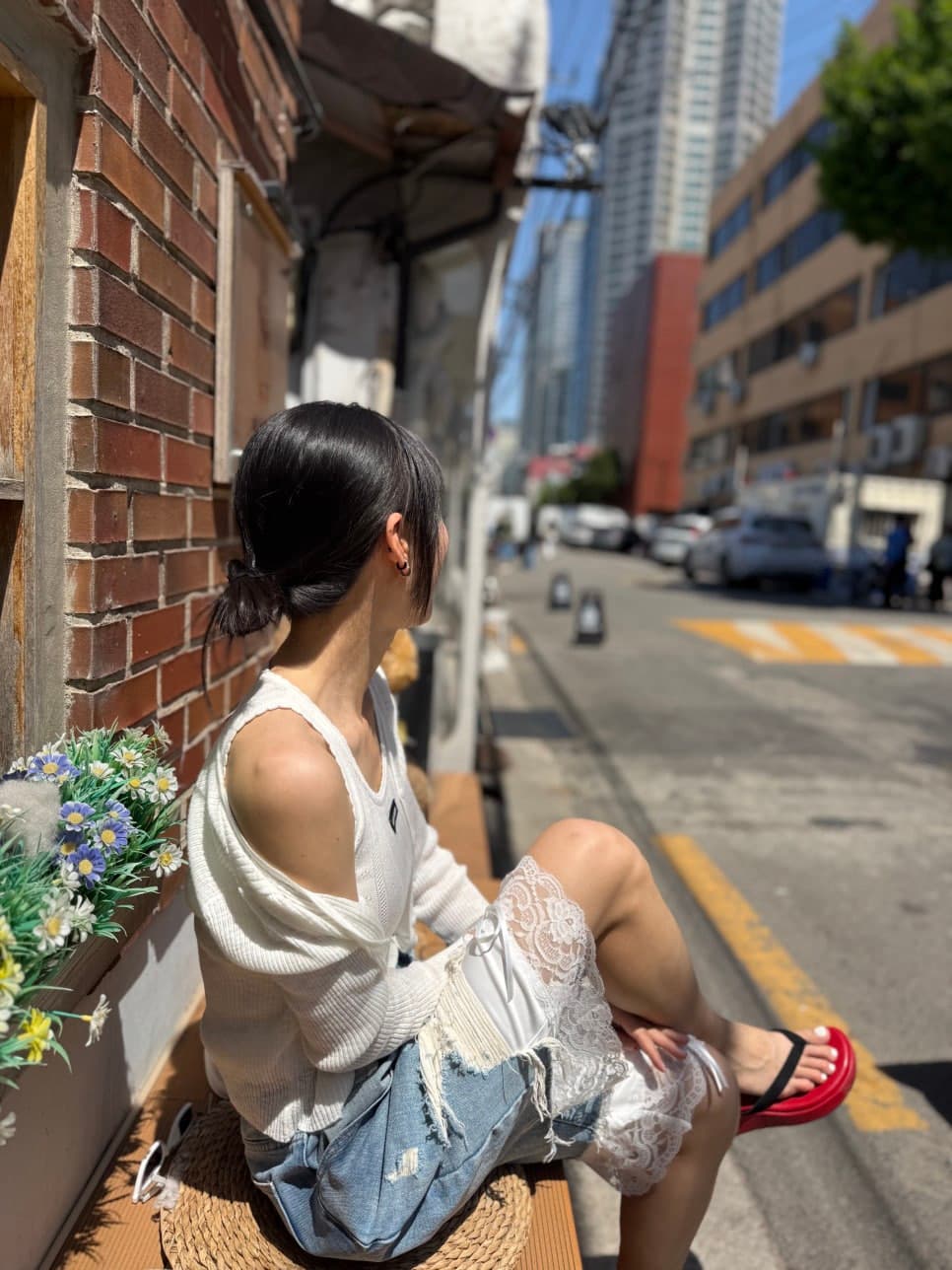 웨이 바지 허리 머리 바지 측면 레이스 조각 찢어진 부분 데님 바지 반바지 상세 이미지 19