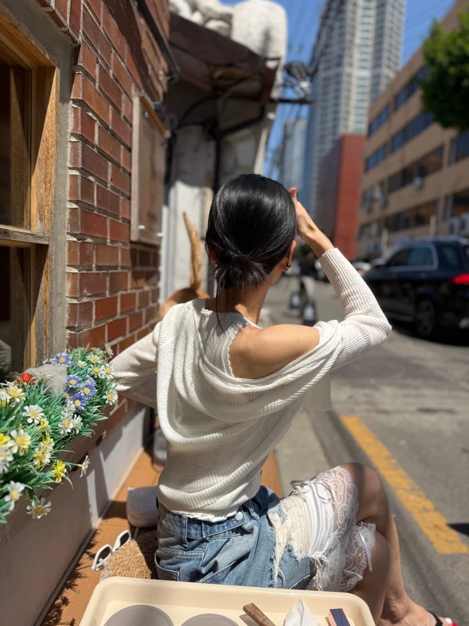 웨이 바지 허리 머리 바지 측면 레이스 조각 찢어진 부분 데님 바지 반바지 상세 이미지 21
