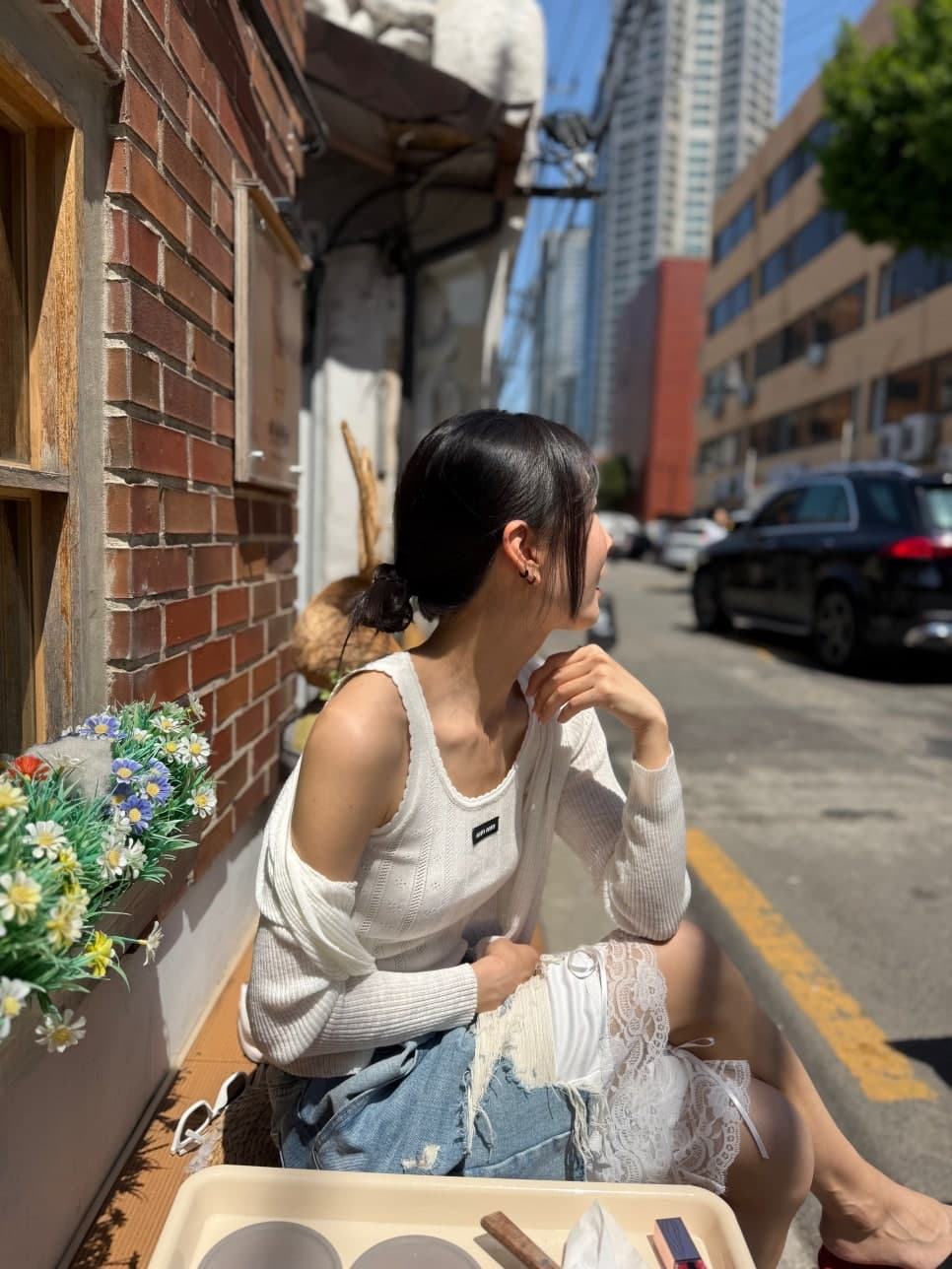 웨이 바지 허리 머리 바지 측면 레이스 조각 찢어진 부분 데님 바지 반바지 상세 이미지 22